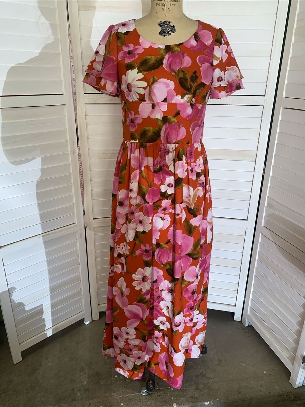 70s Vintage Handmade Pink Orange Floral Hawaiian Maxi Dress Flutter Sleeves Med